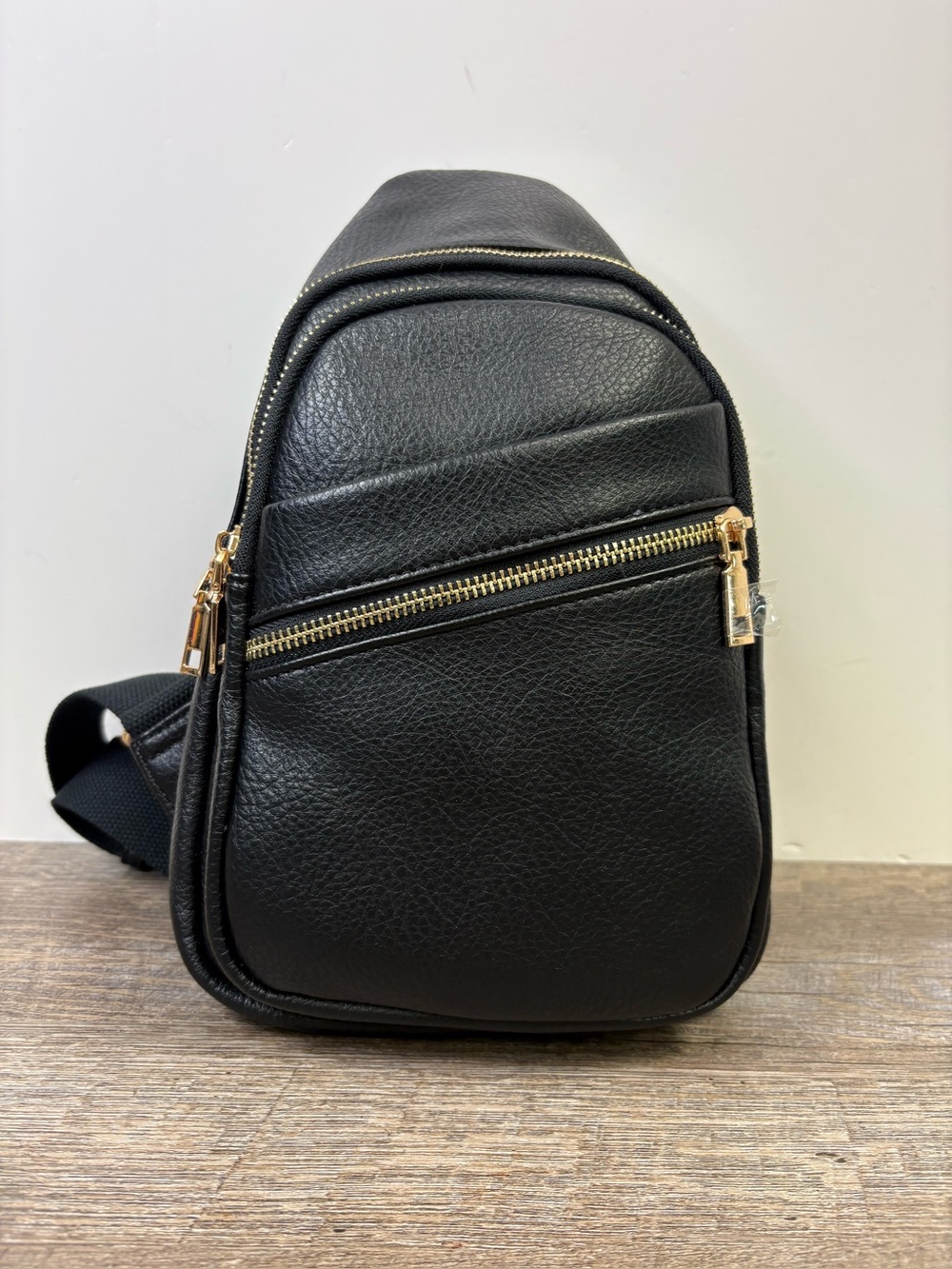 Urban Expressions Black Faux Leather Sling Backpack Crossbody Bag Gold Hardware